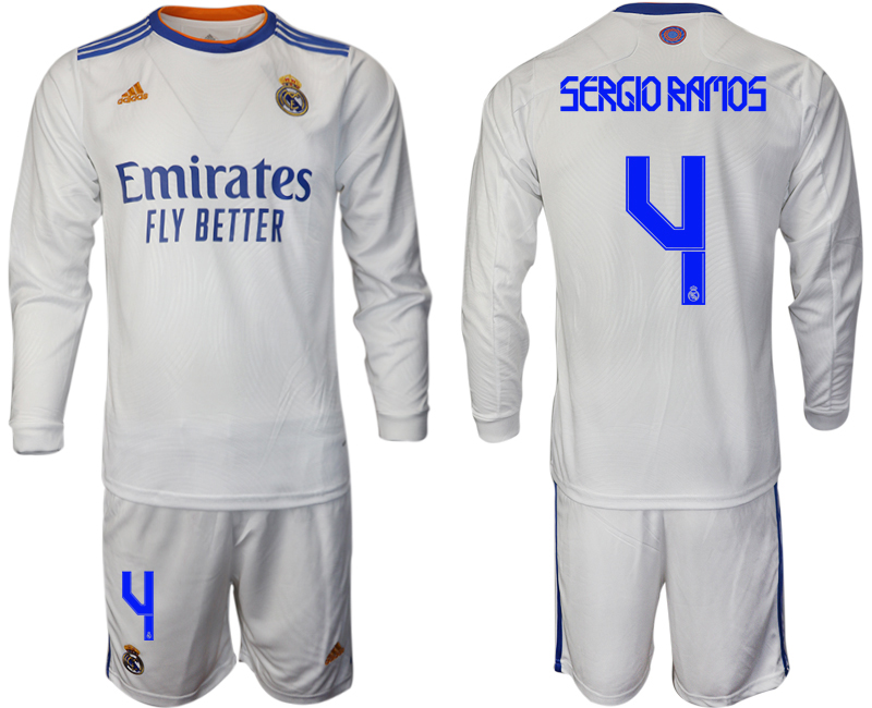 Men 2021-2022 Club Real Madrid home white Long Sleeve #4 Soccer Jersey